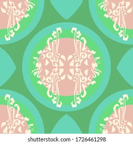 Seamless vector repeating geometric design with embellishments in a pink on an aqua and sea green background. A mix of modern and retro elements Ideal for quirky bedroom decor and fabric print.