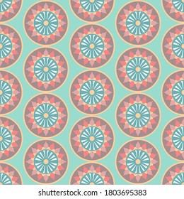 Seamless vector repeating geometric design In an aqua background. Highly decorative shapes in subtle earthy tones makes and trendy wallpaper, gift wrap or fabric design. Great for backdrops.