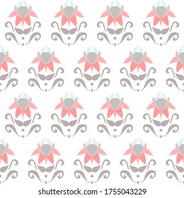 Seamless vector repeating geometric pattern of stylised isolated flowers on a white backdrop. A simple and clean design great for wallpaper, fabric print and interior decor. Delicate in pink shades.