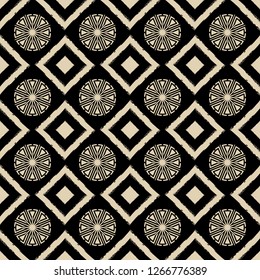 Seamless vector repeating gold symbols of Vikings and rhombuses. Scandinavian sign. Norwegian style. Celtic pattern. Wheel. Endless texture for textile design. Vector color texture.