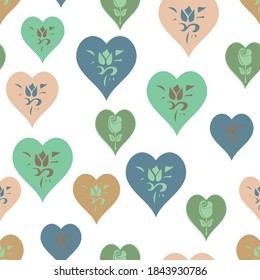 Seamless vector repeating heart pattern in peach, green and blue on a white background in a scattered formation. Cute and girly, this makes a sweet pattern for fabric print and surface design