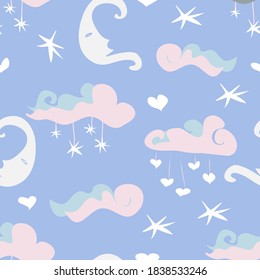 Seamless vector repeating moon and stars pattern, perfect for newborn baby nursery art in soft pastel shades. Gentle, soothing and cute, good for children’s bedroom art and nightwear fabric print. 