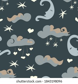 Seamless vector repeating moon and stars pattern, perfect for newborn baby nursery art in soft pastel shades on a dark backdrop. Gentle and soothing, good for children’s bedroom and fabric print.