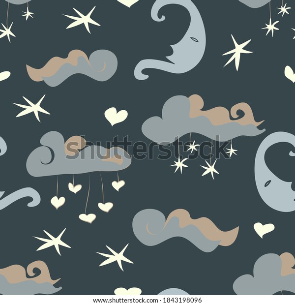 Seamless vector repeating moon and stars pattern,\
perfect for newborn baby nursery art in soft pastel shades on a\
dark backdrop. Gentle and soothing, good for children’s bedroom and\
fabric print.