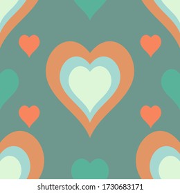 Seamless vector repeating pattern background with hearts in terracotta, orange and jade green. Simple design in modern shades good for fabric print, wallpaper and gift wrap.