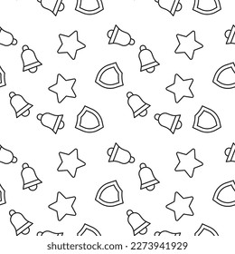 Seamless vector repeating pattern of bell, star, shield is made of line icons for polygraphy and websites 