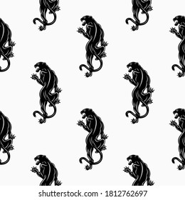 Seamless vector repeating pattern. Black panthers on a light background. Ornament of predators. Endless texture for textile design. Vector color backdrop.