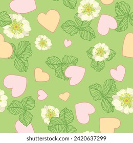 Seamless vector repeating pattern of blooming strawberries and colorful hearts on green background for children's textile, wrapping paper, scrapbooking