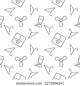 Seamless vector repeating pattern of coat hanger, spray is made of line icons for polygraphy and websites 