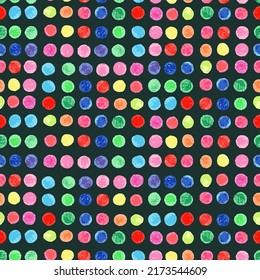 Seamless vector repeating pattern with colorful moles as large dots on black background.