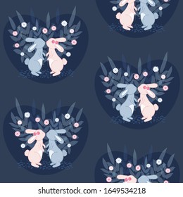 Seamless vector Repeating pattern of cute bunnies kissing each other. Dark blue with floral, plant and heart background. prints on textiles. 
