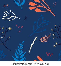 Seamless vector repeating pattern with delicate and colorful branches and leaves and flying in the autumn wind on dark blue background
