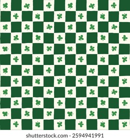 Seamless vector repeating pattern with ditsy small hand drawn checkerboard in green and cream and a four leaf dark green clover shamrock. St Patricks day lucky clover background.