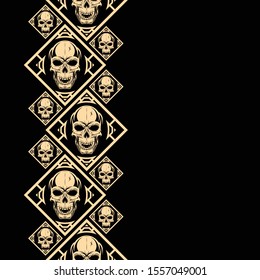 Seamless vector repeating pattern of gold skulls on black background. Death's head. Vector color background.