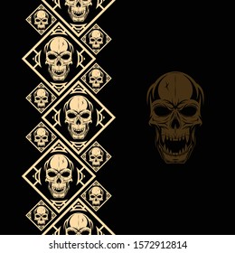 Seamless vector repeating pattern of gold skulls on black background. A sinister death's head. Vector color background.