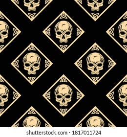 Seamless vector repeating pattern of gold skulls on black background. A dead king's head. Endless pattern for textile design. Vector color background.