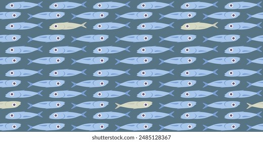 Seamless vector repeating pattern with a group of blue and yellow fish of different species. A school of small sea fish. Ocean, river, tropical background for restaurant menu in flat style