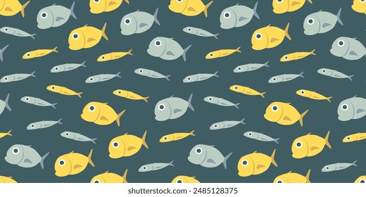 Seamless vector repeating pattern with a group of yellow fish of different species, on a green background. School of sea fish. Ocean, river, tropical background for restaurant menu in flat style