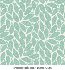 Seamless vector repeating pattern with hand drawn leaves in pastel green on off white background. For paper, invitations, scrap books, packaging, beauty products, textile, fashion.