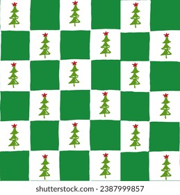 Seamless vector repeating pattern with hand drawn checkerboard in green and white and a little Christmas tree half drop with a star tree topper. Christmas red checkers with green holiday trees.