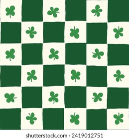 Seamless vector repeating pattern with hand drawn checkerboard in green and cream and a four leaf clover shamrock. St Patricks day lucky clover background.