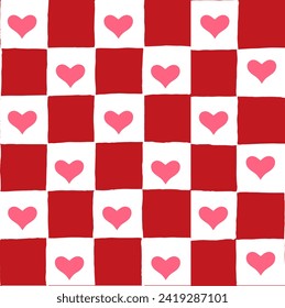 Patrón de repetición vectorial sin brillo con tablero de ajedrez dibujado a mano en rojo y blanco y una caída perfecta en mitad del corazón rosado. damas rojas de San Valentín con corazones rosados calientes