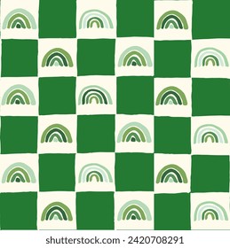 Seamless vector repeating pattern with hand drawn checkerboard in green and cream and a tonal green rainbow. St Patricks day rainbows background.