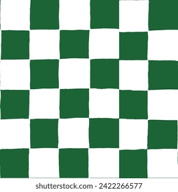 Seamless vector repeating pattern with hand drawn checkerboard in green and white. St Patricks day, spring green, gardening background.