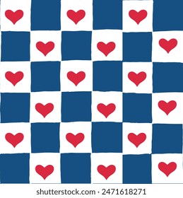 Seamless vector repeating pattern with hand drawn checkerboard in navy and white and a perfect red heart half drop. Americana red, white and blue checkers with hearts. USA Independence Day, 4th of