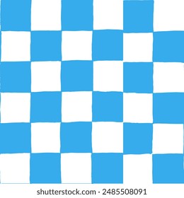 Seamless vector repeating pattern with hand drawn checkerboard in bright blue and white. Hand drawn organic edges