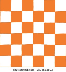Seamless vector repeating pattern with hand drawn checkerboard in orange and white. Halloween, harvest, fall, autumn checker background for packaging, paper, fabric, wallpaper.