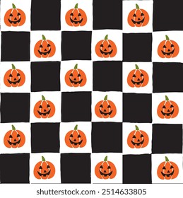 Seamless vector repeating pattern with hand drawn checkerboard in black and white and orange pumpkin jack o lantern half drop. Halloween checkers with pumpkins packaging, paper, fabric.