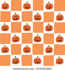 Seamless vector repeating pattern with hand drawn checkerboard in orange and white and a pumpkin jack o lantern half drop. Halloween checkers with pumpkins packaging, paper, fabric.