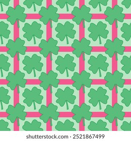 Seamless vector repeating pattern with hand drawn checkerboard in green and cream and a four leaf clover shamrock. St Patricks day lucky clover background.