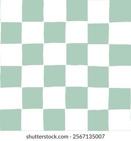 Seamless vector repeating pattern with hand drawn checkerboard in sage mint green and white. Versatile everyday, gardening background in tonal greens for packaging, fabric, wallpaper, wrap.