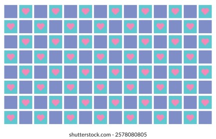 Seamless vector repeating pattern with hand drawn checkerboard in purple and blue and a perfect pink heart half drop. Valentines red checkers with hot tosca hearts