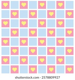 Seamless vector repeating pattern with hand drawn checkerboard in blue and pink and a perfect yellow heart half drop. Valentines red checkers with hot yellow hearts