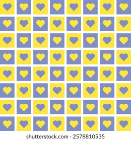 Seamless vector repeating pattern with hand drawn checkerboard in yellow and purple and a perfect yellow heart half drop. Valentines red checkers with hot pink hearts