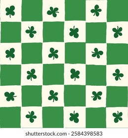 Seamless vector repeating pattern with hand drawn checkerboard in green and cream and a four leaf dark green clover shamrock. St Patricks day lucky clover background.