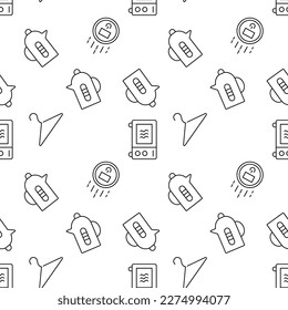 Seamless vector repeating pattern of microwave oven, robot vacuum cleaner, teapot, coat hanger made of line icons for polygraphy and websites 