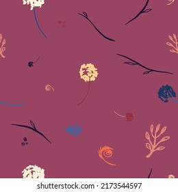 Seamless vector repeating pattern with organic blue, salmon, yellow and orange branches, flowers and leaves on a maroon background