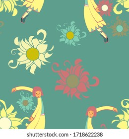Seamless vector repeating pattern of pairs of ballerinas with pink hair And smiley faces wearing lemon yellow dresses dancing around groups of flowers  on a teal background 