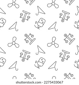 Seamless vector repeating pattern of scales, liquid soap, fan, coat hanger is made of line icons for polygraphy and websites 
