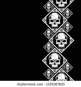 Seamless vector repeating pattern of silver skulls on black background. Dead man's head. Vector color background.