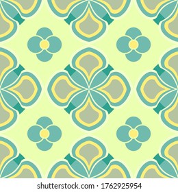 Seamless vector repeating pattern of simple flowers and geometric shapes in lemon shades with petrol blue. Sweet and delicate in pastel colour, great for spring and summer fashion prints.