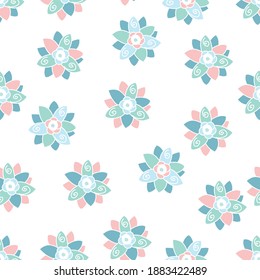 Seamless vector repeating pattern of swirly pink, blue and green scattered flowers isolated on a white background.