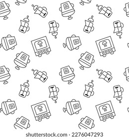 Seamless vector repeating pattern of teapot, multicooker, oven is made of line icons for polygraphy and websites 