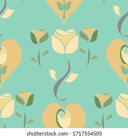 Seamless vector repeating pattern of three cream, beige and green flowers with minimalistic stems and leaves on an aqua background and decorative hearts in between in a simple stencil style