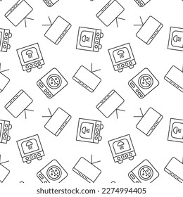 Seamless vector repeating pattern of TV set, washing machine, oven is made of line icons for polygraphy and websites 