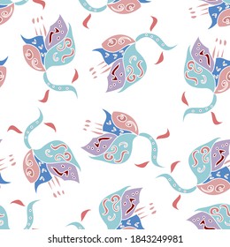 Seamless vector repeating scalable pattern of fantasy style flowers in blue, pink and red scattered and isolated on white. Pretty and delicate, great for fabric design. Feminine in a pastel pallete. 